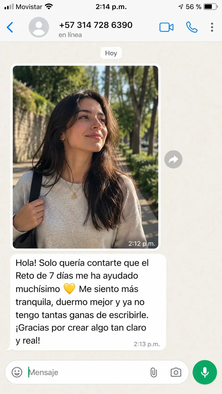 Testimonio de WhatsApp: el reto me ha ayudado muchísimo, me siento más tranquila y duermo mejor