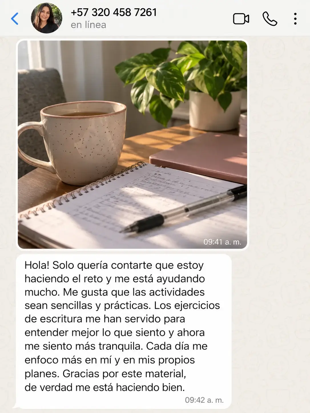 Testimonio de WhatsApp: el reto me está ayudando y los ejercicios de escritura me sirven para entender lo que siento