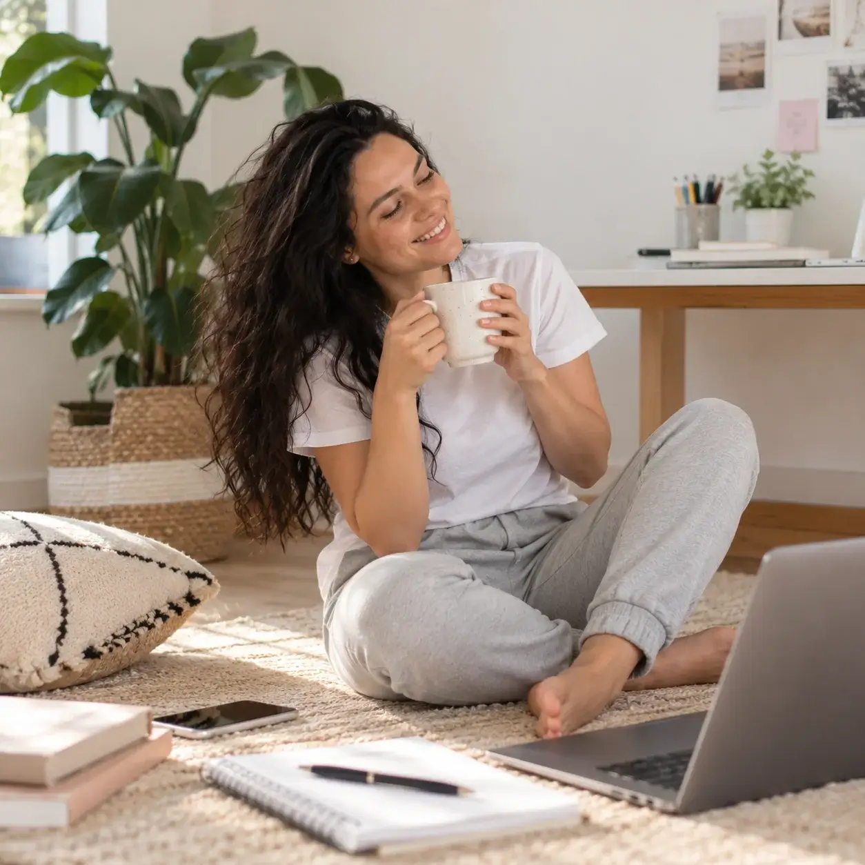 Persona sentada en el suelo con su taza, su cuaderno y su laptop en un espacio acogedor